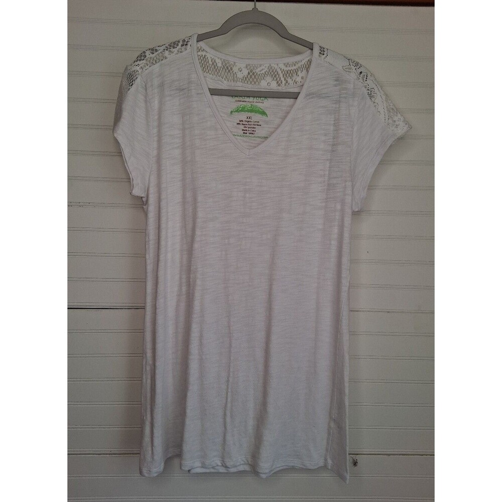 Earth Yoga Lace-Accent Women's Cap Sleeve Plus Sz Top White Organic Cotton Blend